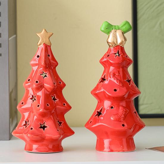 Ceramic Christmas Tree Night Light Glowing Decorative Lamp with Star Topper Xmas Tree Figurines for Holiday Home Decor
