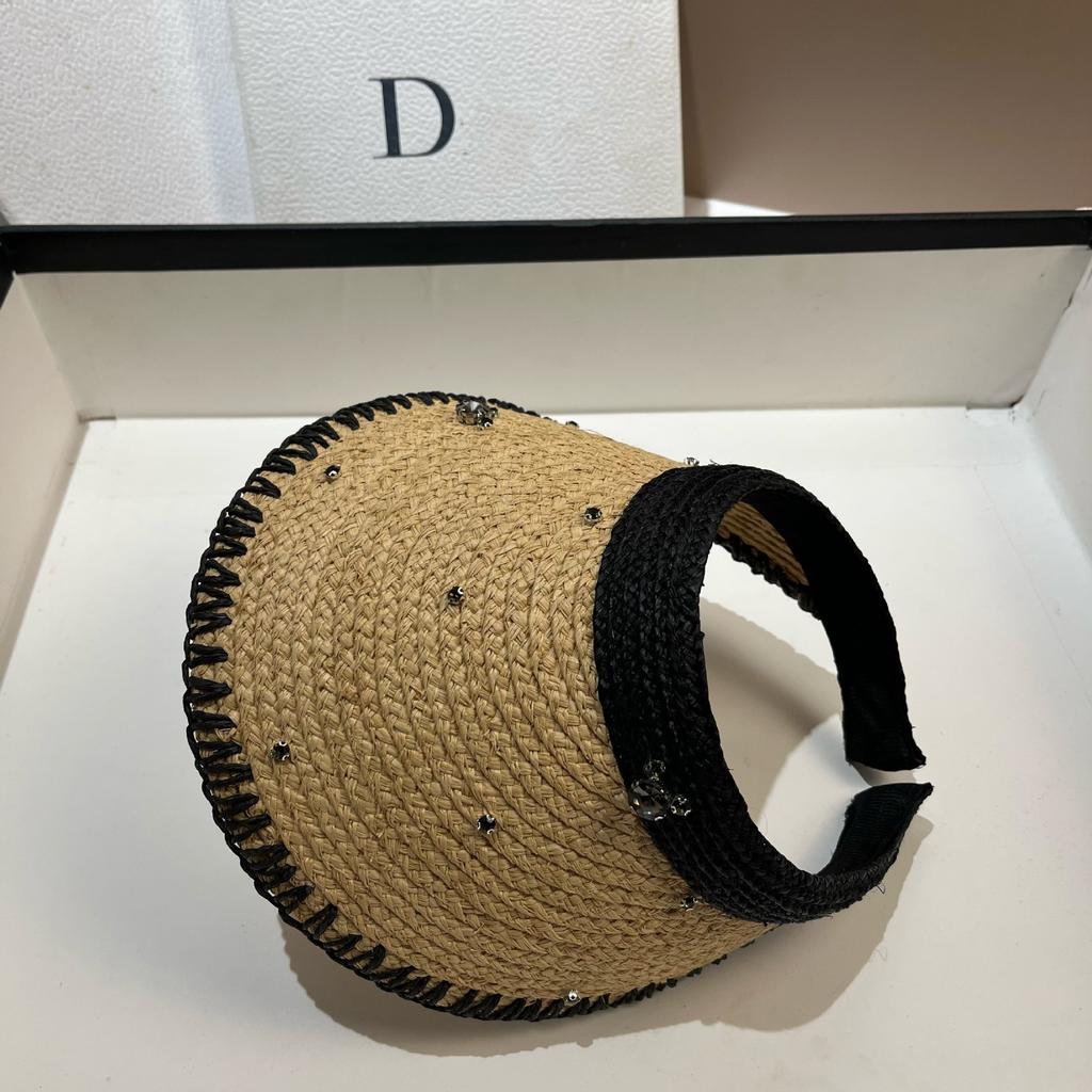 Summer Natural Raffia Woven Sunscreen Empty Top Hat Design Rhinestone Light Luxury Big Eaves Sunshade Sun Hat