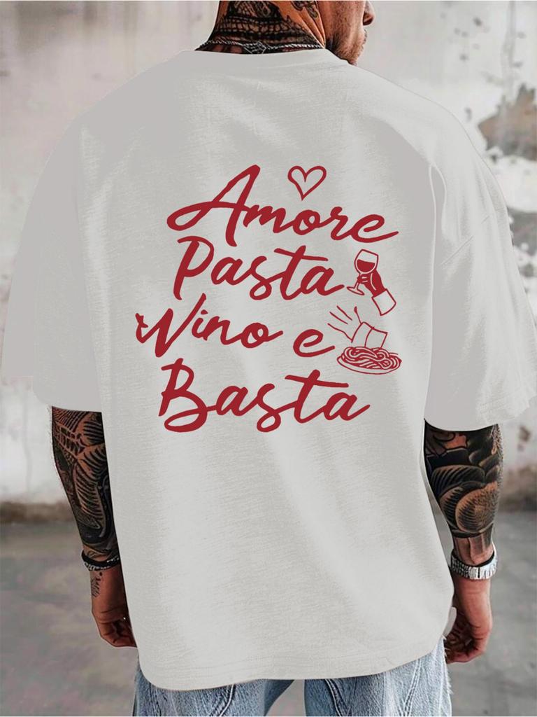 Men's Italian Wine Themed T-Shirt Pasta Print with The Italian Phrase Amore Pasta Vino E Basta