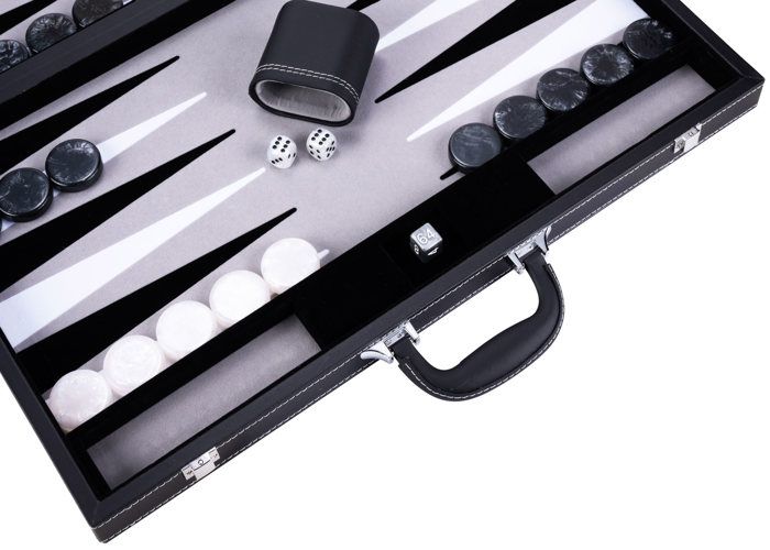 Backgammon 21 pouces - Jeu de société - Haute qualité - dés et jetons nacrés - gris noir et blanc