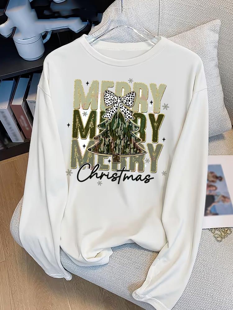 (Asian Size) Bow Tree Style Print T Shirt Christmas New Year Graphic Tee Women Autumn Winter Casual Fashion Top Clothing Long Sleeve T-shirts