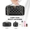 Travel Makeup Bag for Women, Large PU Leather Waterproof Checkered Cosmetic Bags, Open Flat Toiletry Bag, Make up Organizer with Divider and Handle