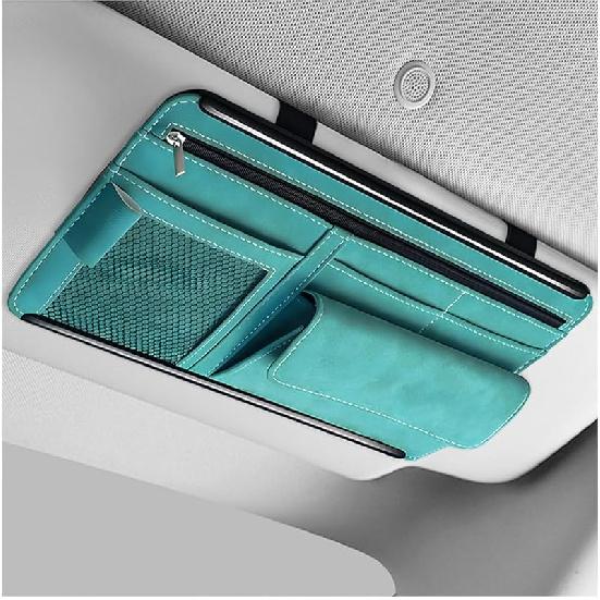 Car Sun Visor Organizer, Leather Sun Visor Pocket Organizer Case With Multi-Pocket Net Zipper, Suede Note Holder Car Visor Storage Pouch For Card Pen