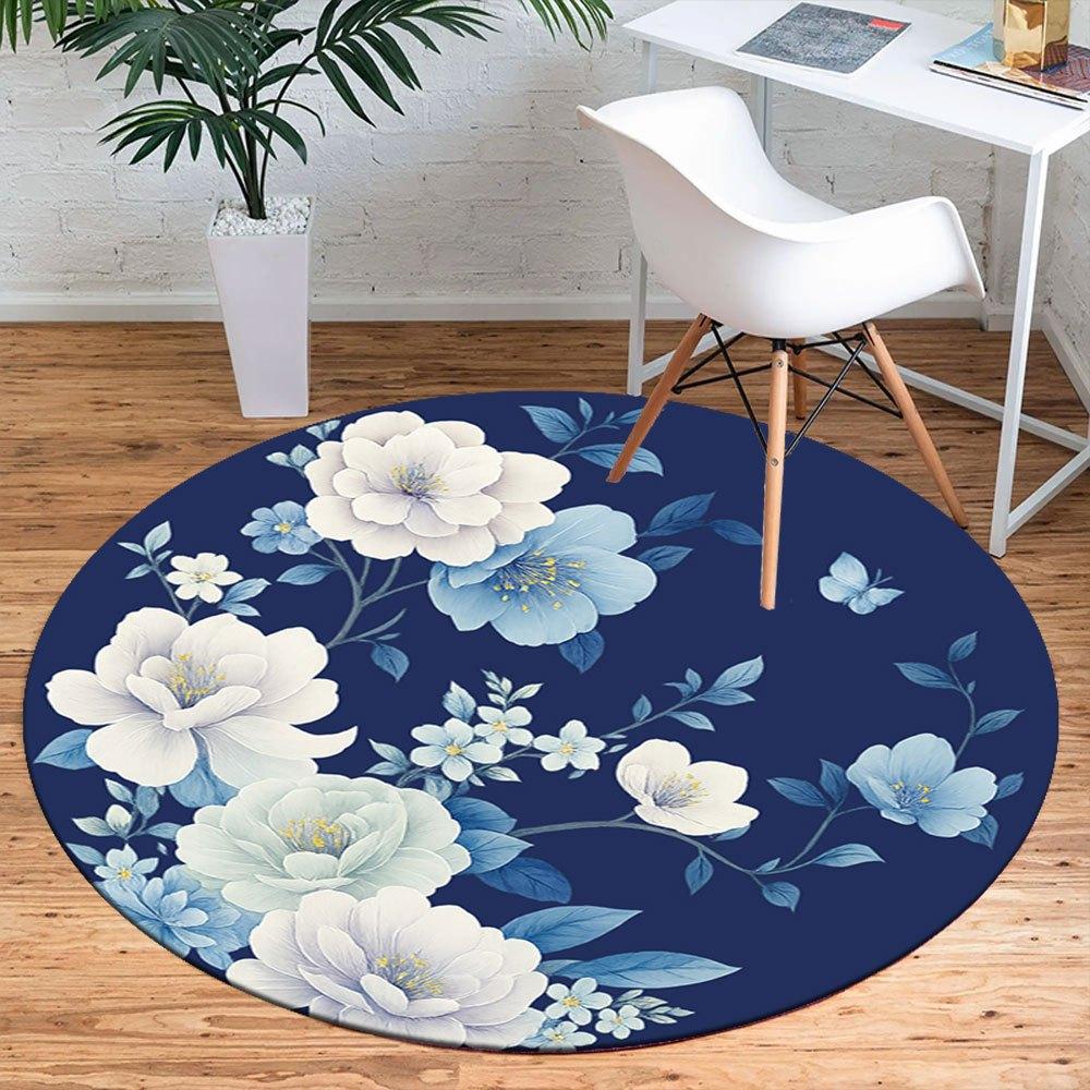 Blue and White Floral Pattern Ceramic PlateRound Non-Slip chair mat chair carpet for office Rugs for Office Decor Gift For Valentine's Day Mother's Da