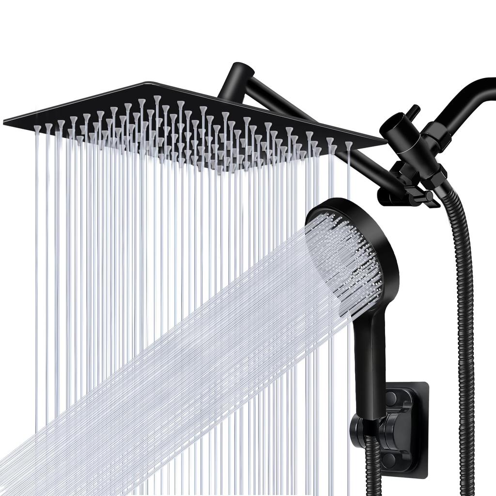 Soffione Doccia Pioggia Multifunzione ad Alta Pressione da 8 Pollici con Doccetta Manuale, Combinazione con Braccio Estensibile Regolabile ad Angolo da 11''/Regolatore di Flusso/Sistema Doccia