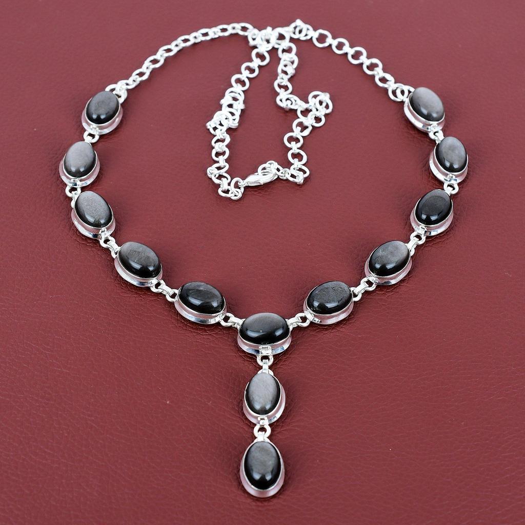 Silver Sheen Obsidian Necklace 925 Sterling Silver Necklace Adjustable Chain Necklace Handmade Gemstone Necklace Gift for Her Unique Jewelry