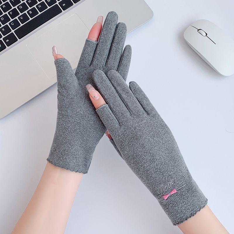 

Women s Warm Dralon Outdoor Mittens German velvet two fingers (Bows) Gray One size