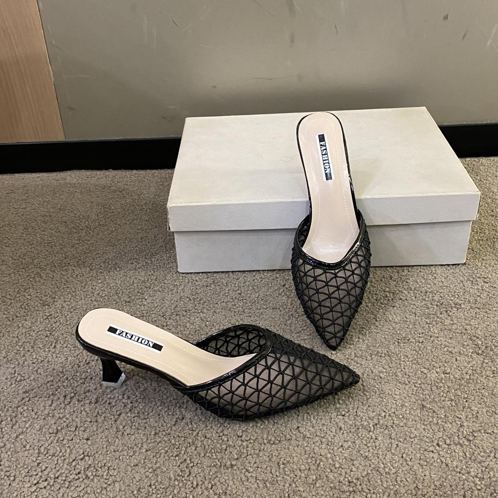 Women Mesh High Heels Temperament Slipper Female Summer Pointed Toe Party Thin Heeled Slippers Ladies Brand Design Slip on Shoes