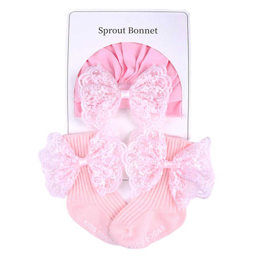 Pure Cotton Baby Girl Hat & Sock Set - Breathable Lace Trim with Bow, Perfect for Spring & Autumn. Super Cute!