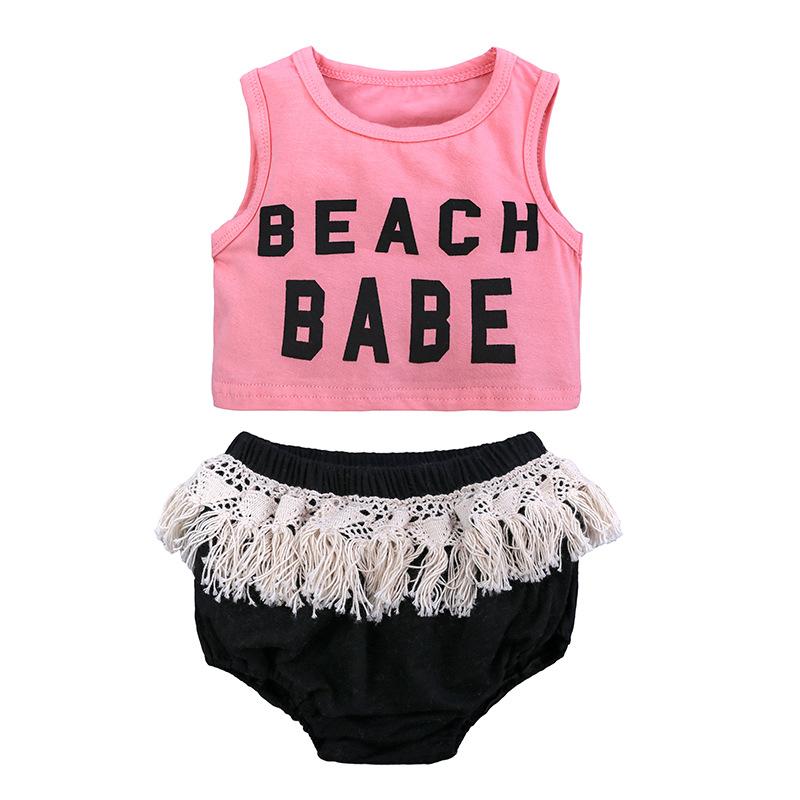 Girls Summer Letter Print Tank Top and Fringe Shorts Set 80