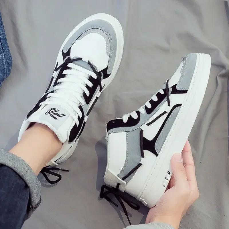 Korean Style Trendy 2026 Spring Autumn New Men's High Top Lace Up Casual Sports Skate Shoes Versatile Mid Top for Youth Students