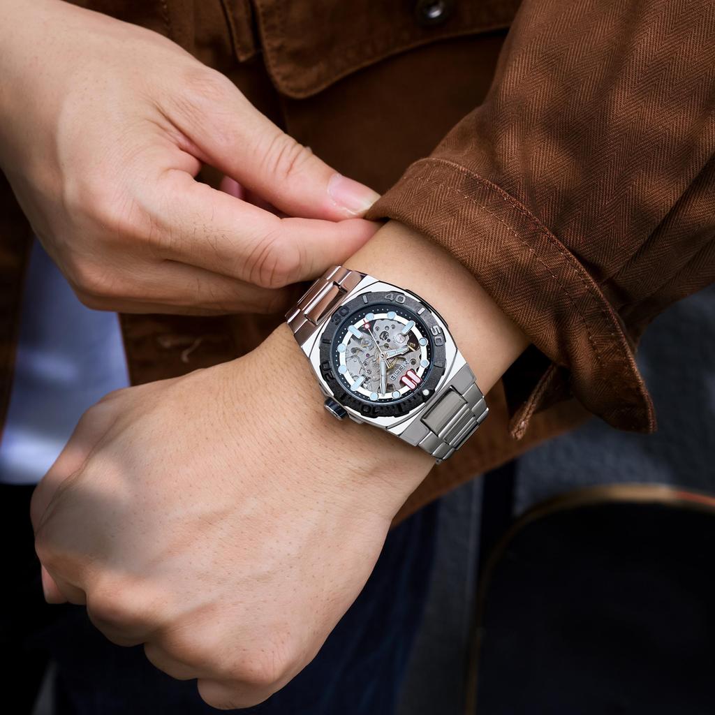 Megir Luxusní mechanické pánské hodinky Skeleton ciferník Business volnočasové náramkové hodinky Plně automatické náramkové hodinky Hodiny Relogio Masculino 8606