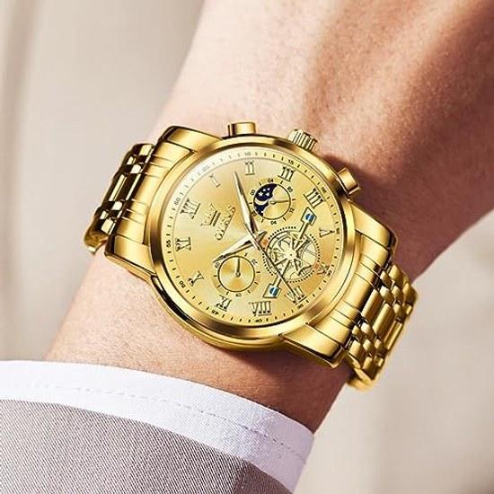 OLEVS Wristwatch Mens Stylish Chronograph Watch Business Popular Brand Large Easy-to-read Analog Waterproof Quartz Gold