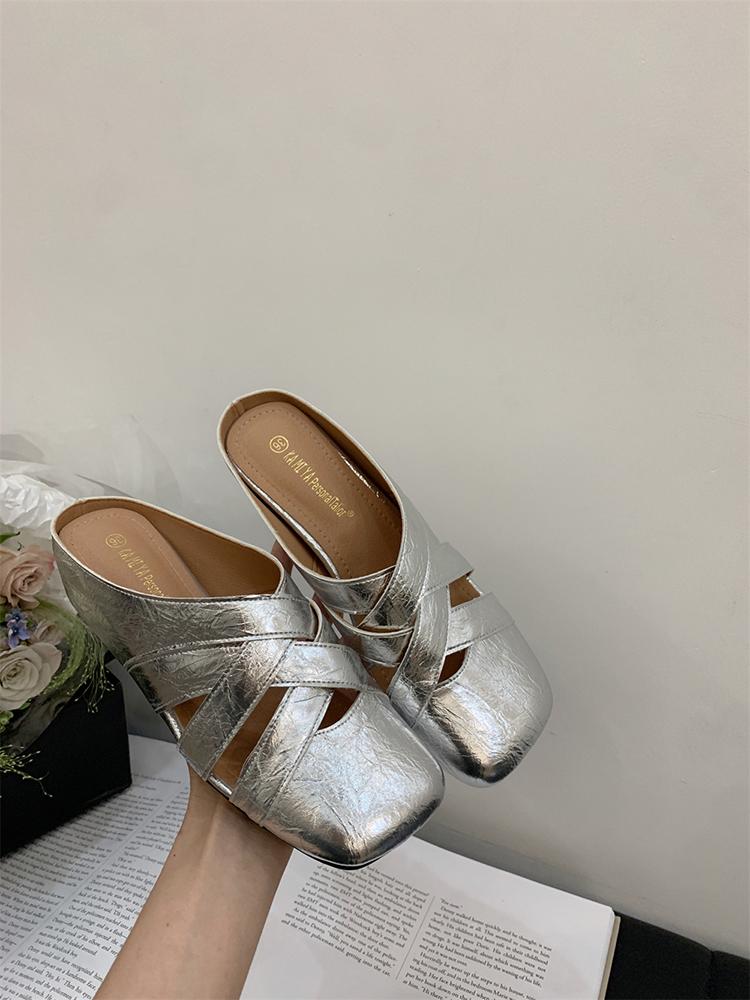 

Fashion Narrow Band Braided Cross Strap Summer Mules Shoes for Women Casual High Heels Slippers Comfort Walking Sandals Slingback Slides 40 серебряный