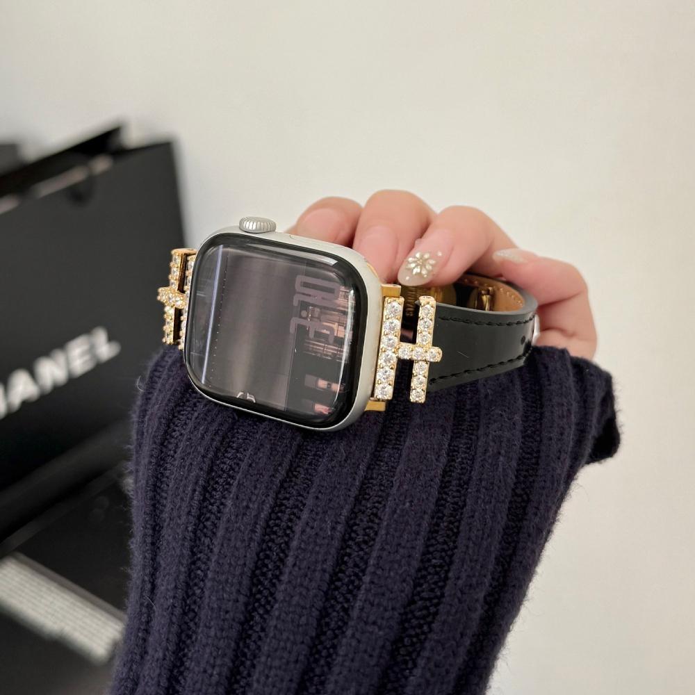 Luxury For Apple Watch Ultra 49mm Band H-Shaped Diamond Butterfly Buckle Leather Strap Suitable for iwatch Series 11/10/9/8/SE3 46/45/44/42/41/40/38mm