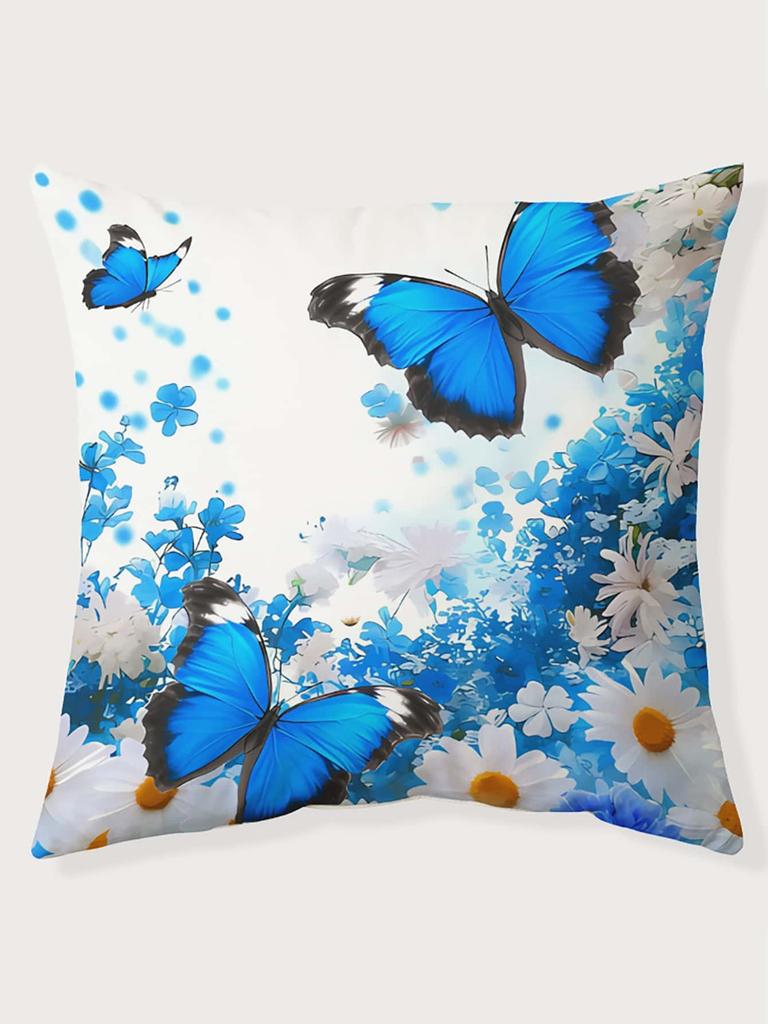Blue Butterfly And Daisy Print Throw Pillow Cover, Cushion Case For Sofa Bedroom Living Room Couch Bed Office Chair Home Decor