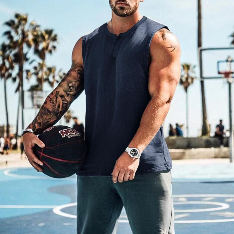 Summer Men's Sleeveless Broad Shoulder Basketball Vest Round Neck Slim Solid Color Versatile T-Shirt