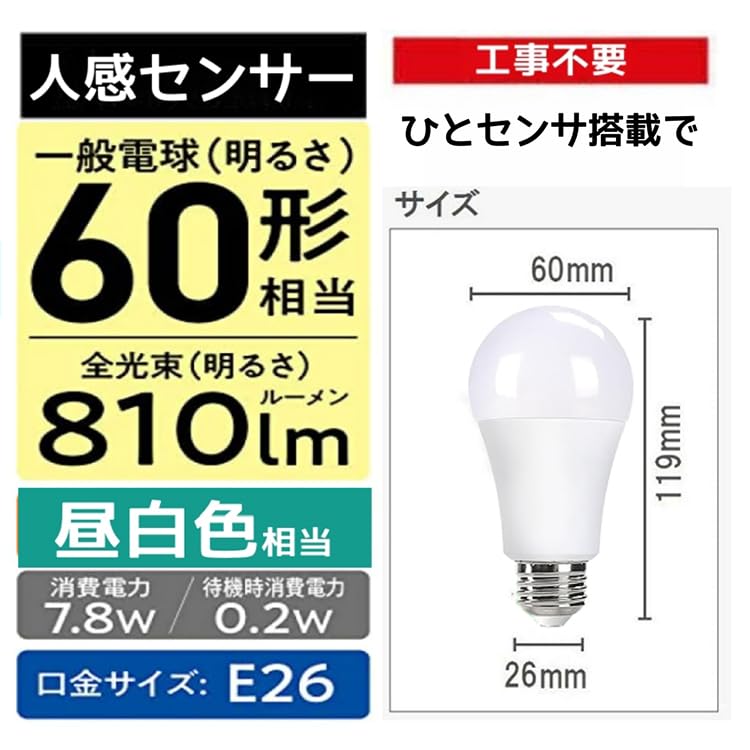 Motion Sensor LED Bulb, E26 Base, 60W Equivalent, Daylight White [Automatic OnOff][Automatic Off Notification Function] Prevents Forgetting To Turn