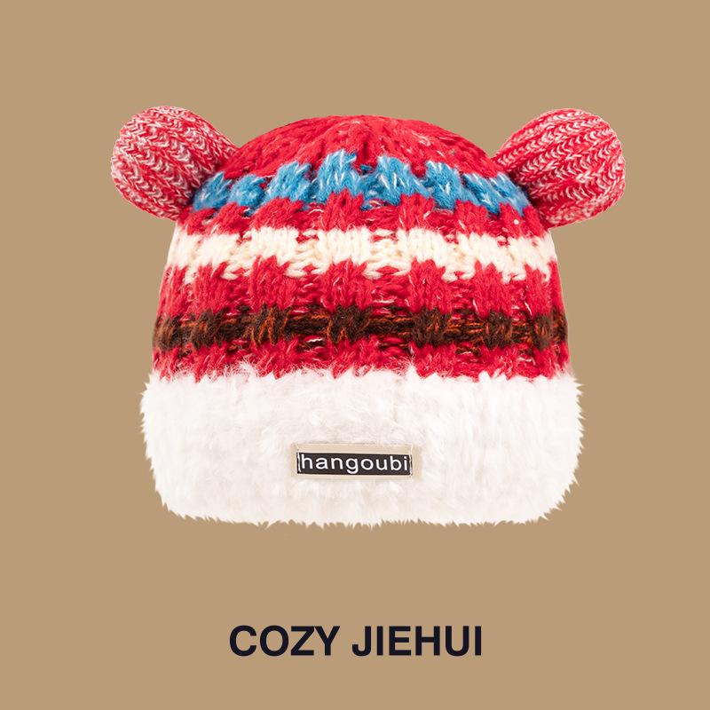 New Cartoon Christmas Wind Age-reducing Striped Knitted Hat Winter Thermal Hat Japanese Dopamine Versatile Wool Hat Women