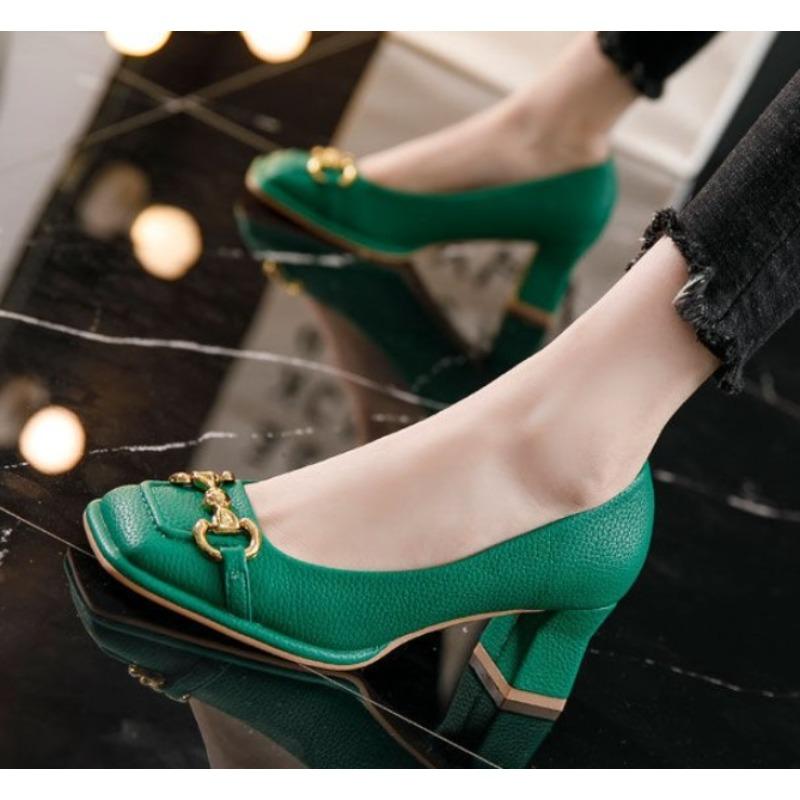 Fashion Women's Mid-heel Pumps 2025 Summer French Style Back Empty Female Thick Heel Square Toe Mary Jane Shoes Black Green Talon Femme
