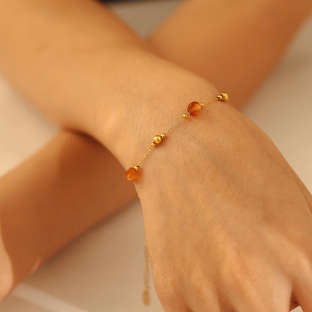 Gorgeous Orange Beige Necklace Bracelet Women Set Stainless Steel Nature Stones Beaded Pendant Female Necklaces Zircon