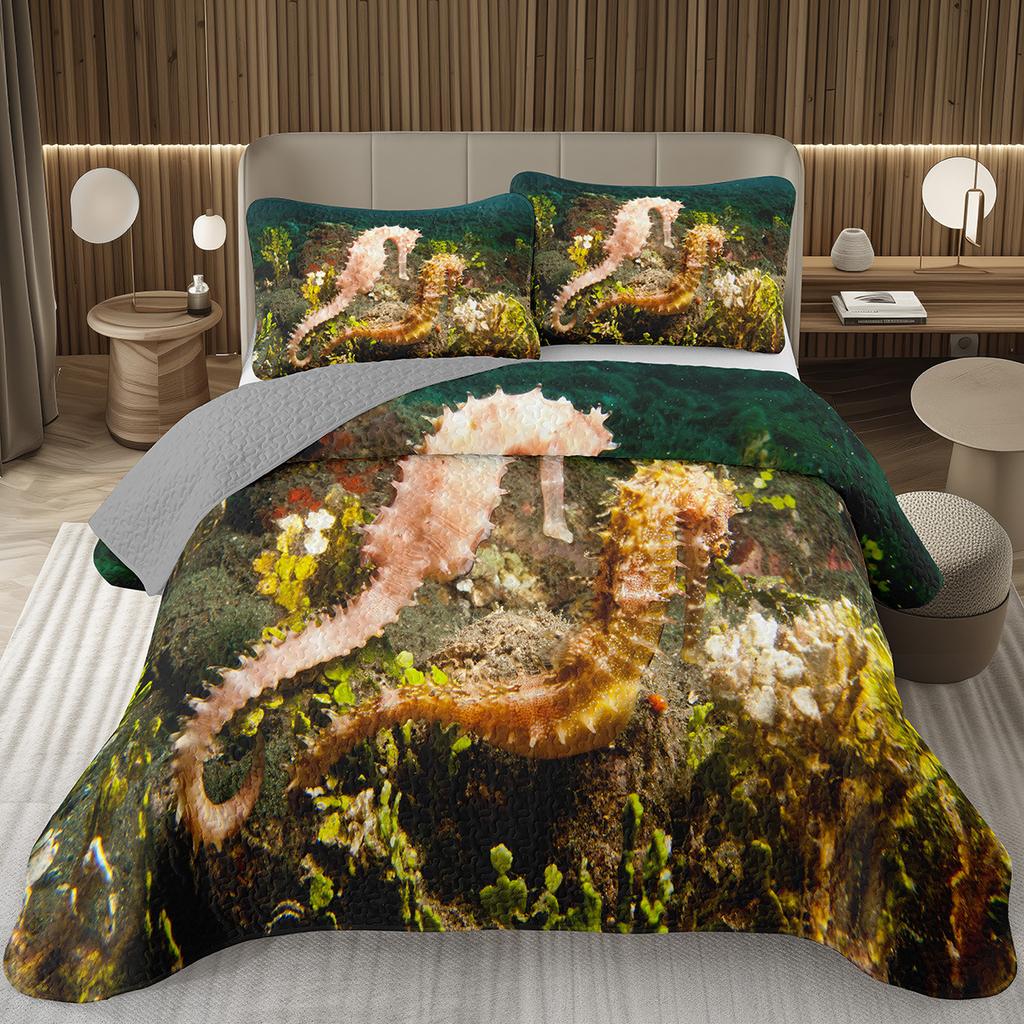 Comforter Seahorse Queen Size 3D Seahorse Printed Bedding Set Ocean Animal Quilted Marine Mediterranean Style Bed
