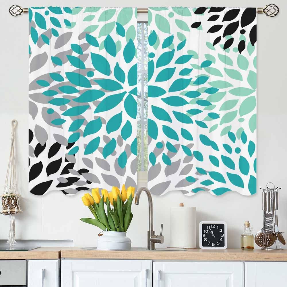 

Flower Pattern Kitchen Curtains Abstract Floral Green Grey Black Petals Art Design Short Tier Curtains for Bathroom Cafe Small W 100*130 Grommet Top 1pcs