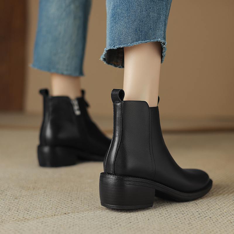 Krazing Pot Cow Skin Winter Square Toe Thick Heels Chelsea Fashion Boots Women Slip on Women Ankle Boots