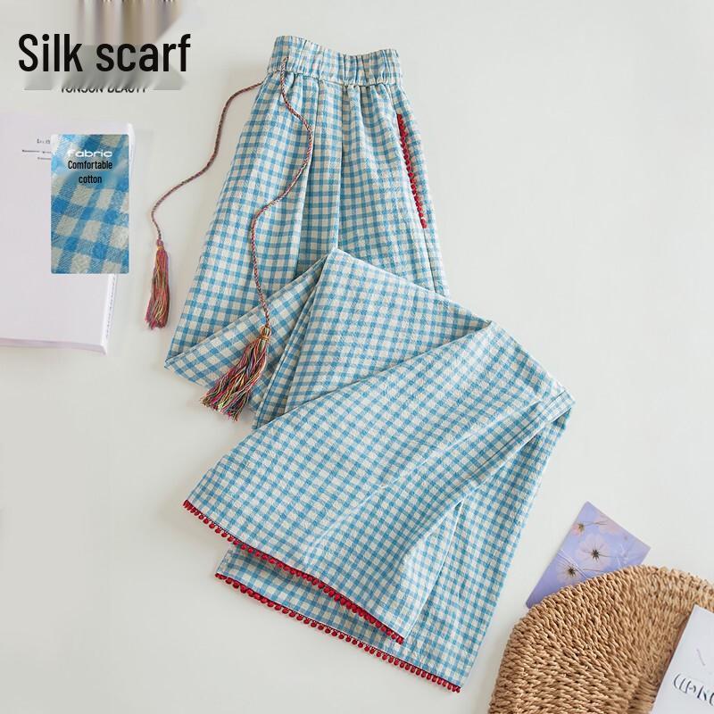 Women s Pure Cotton High-Waist Plaid Elastic-Waist Wide-Leg Casual Pants S