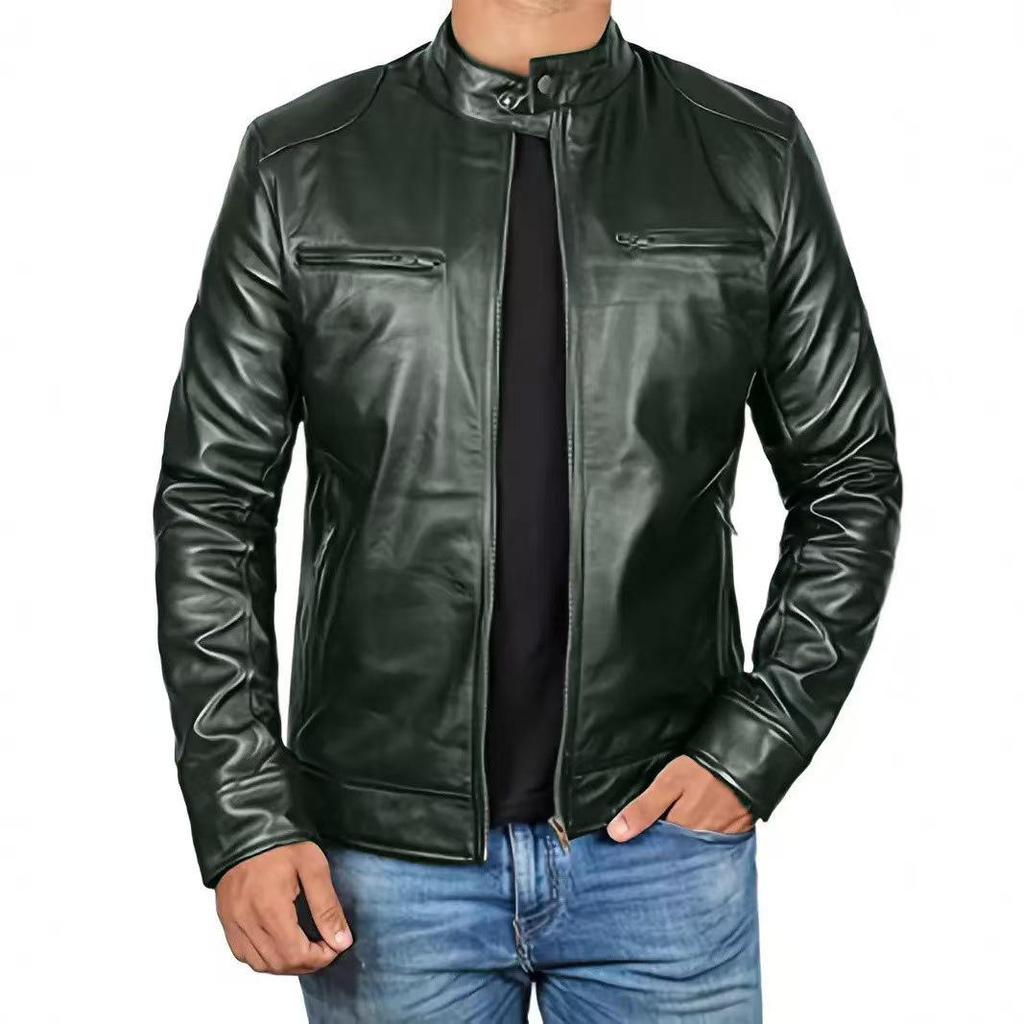 Herren Retro Slim Fit Stehkragen Motorradjacke mit Mehreren Taschen für Frühling/Sommer