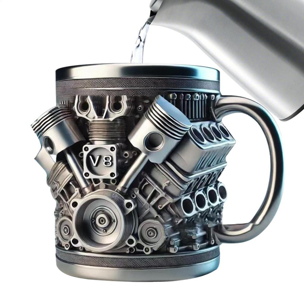 Stainless Steel Cup with Handle Engine Design Milk Drink Mug Beverage Tea Juice Milk Container Double Wall Insulated for Morning