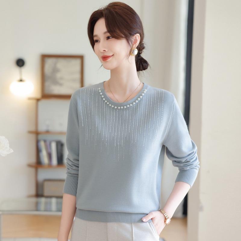 Mom's Spring and Autumn Long Sleeve Beaded Crew Neck Sweater New Small Shirt Middle Elderly Women's Knitted Top