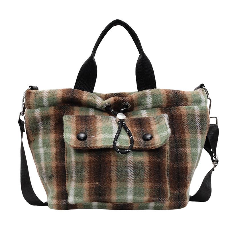 Pruhovaná kostkovaná taška tote pro ženy Podzimní a zimní vlněná crossbody taška Ležérní stahovací taška přes rameno Kabelka