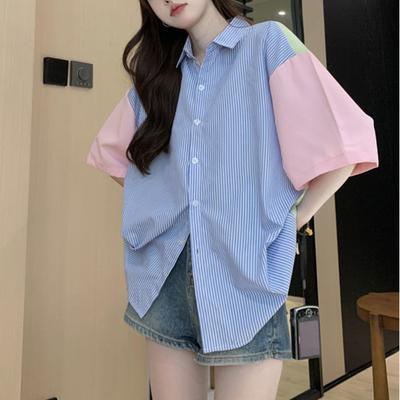 Color Blocking Gestreiftes Damenhemd Sommer Kurzärmelig Patchwork Schicke Oberteile Locker Revers Damen Vielseitige Blusen