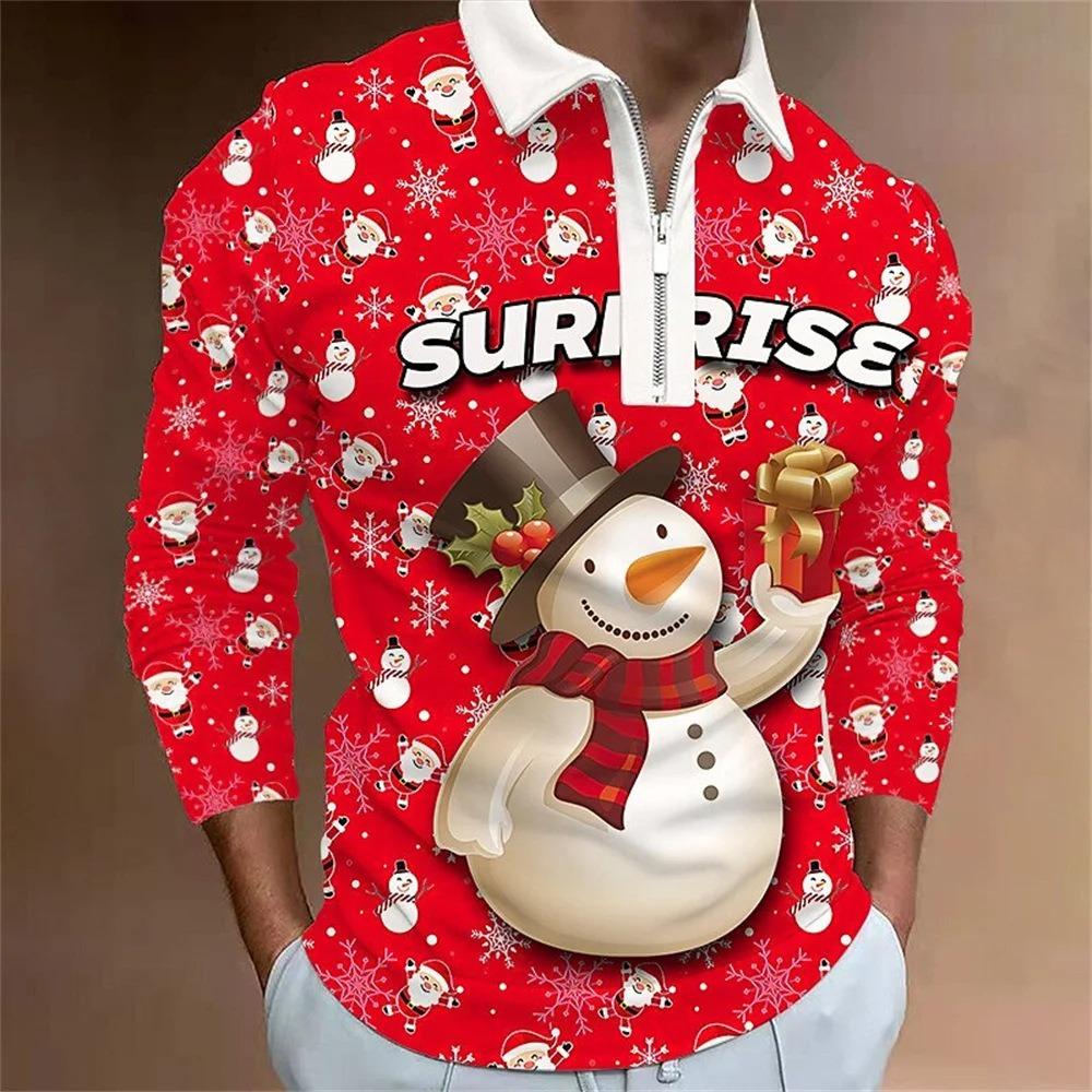 Father Christmas cartoon pattern digital 3D printing polo shirt large size loose men's zip lapel shirt