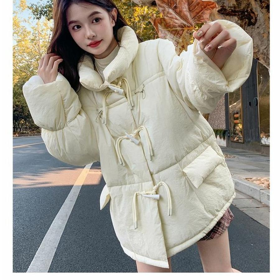 Women's Winter Korean Style Buckle Coat Cotton Padded Jacket with Fleece Lining