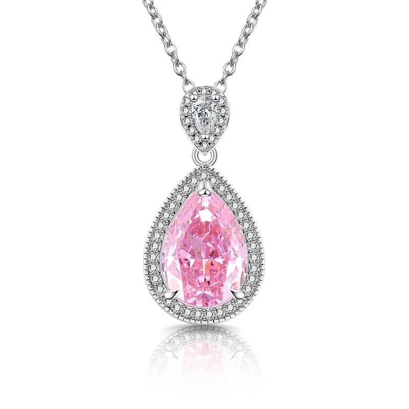 925 Sterling Silver Elegant Clear Ice Flower Cut Water Drop Shaped Crystal Zircon Necklace Birthday Anniversary Wedding Gift