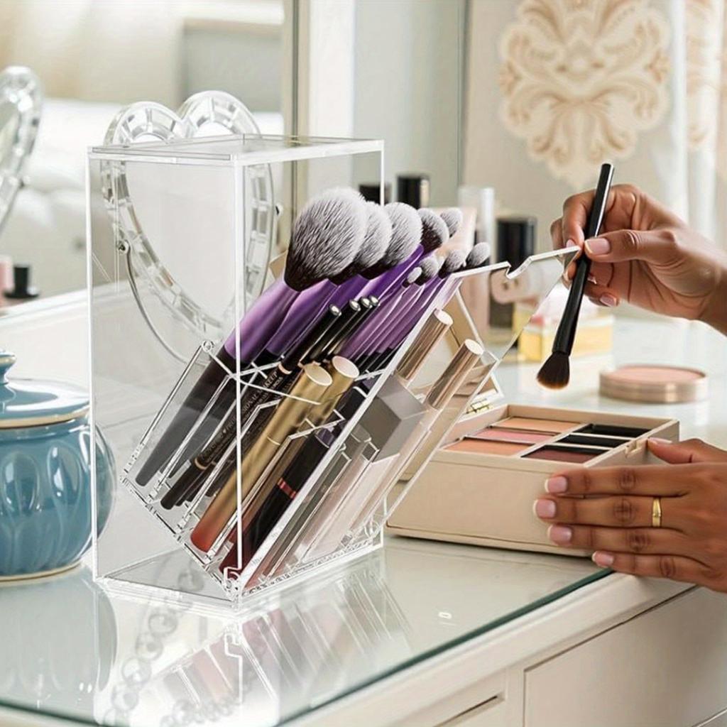 Large Capacity Makeup Brush Holder With Lid Split Acrylic Lipstick Eyeshadow Eyebrow Brushes Holder Foundation Brush Storage Box