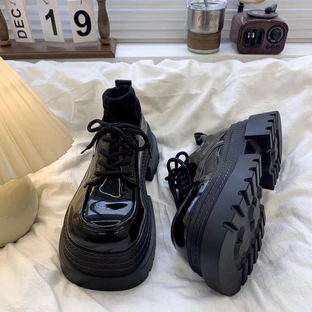 Big Head Lace-up Small Leather Shoes Female Spring and Fall Bai Ride Retro Heightening Thick Bottom Single Shoes Female Fashion Women Shoes