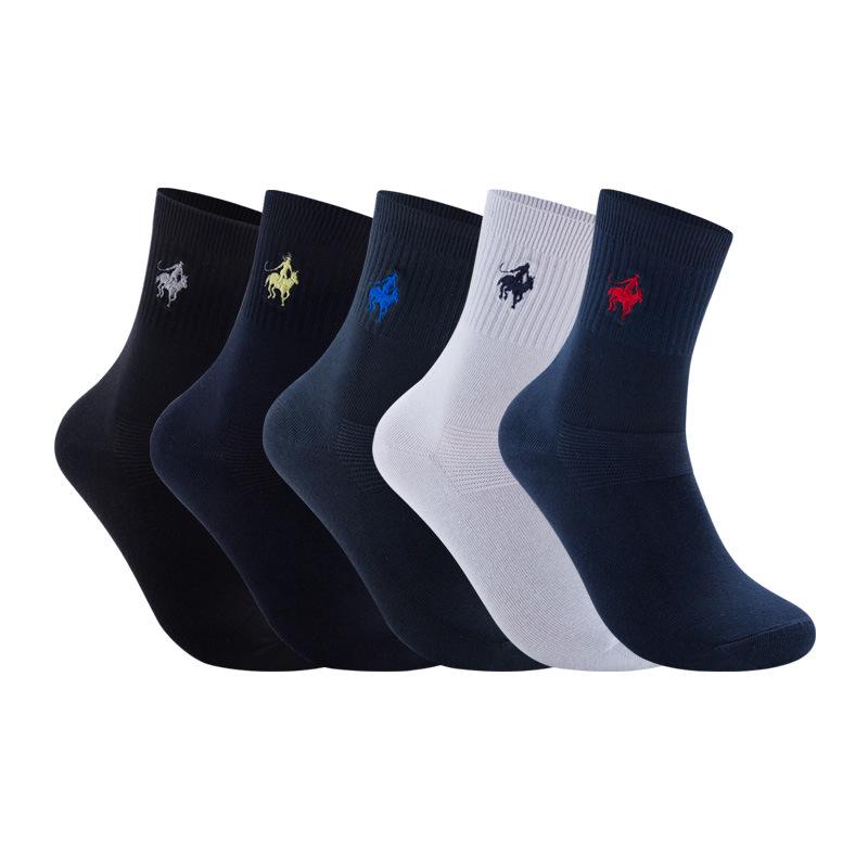 Pierpolo Men's Mid-Calf Double Needle Cotton Socks - Solid Color, Combed Cotton, Loose Fit, Embroidered Design for Autumn and Winter.
