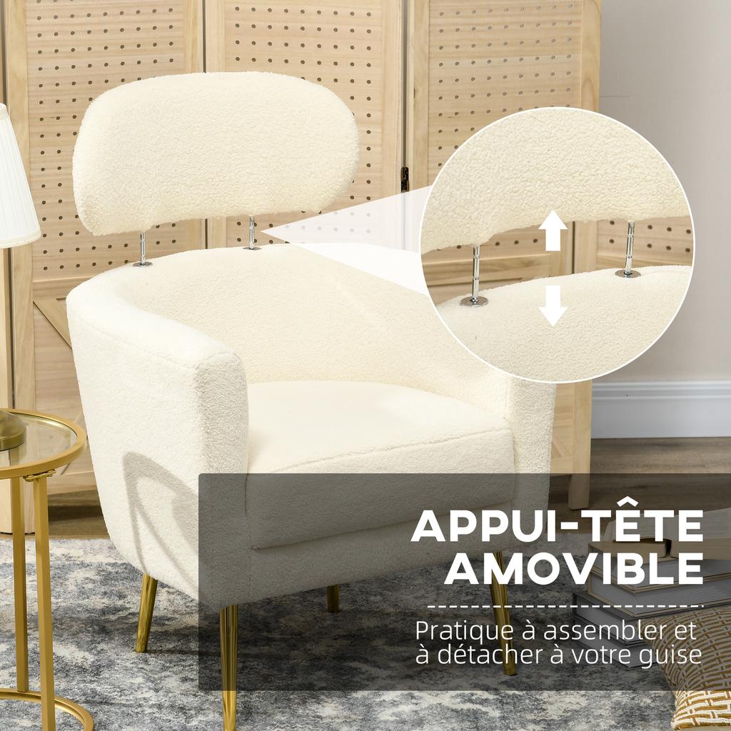 Living Room Armchair With Removable Headrest Teddy Plush Tub Chair Metal Legs 71 X 65 X 90 Cm Cream