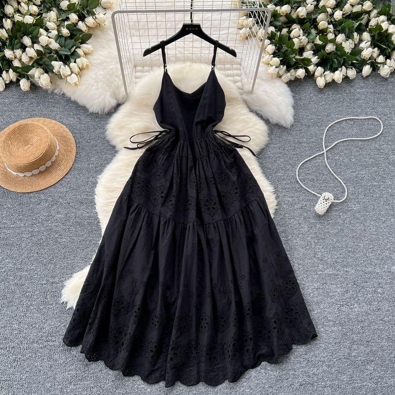 Sling Dress Women's Summer Korean Style Sweet Lace-up Waist-Controlled Stylish Cut Out Embroider Anti-Aging Elegant Vacation Skirt