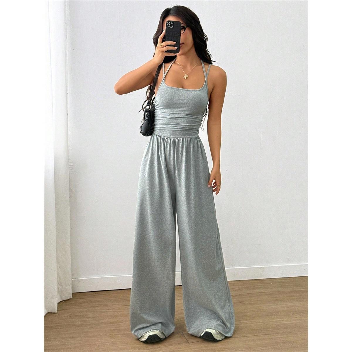 Damen-Halterneck-Träger-Faltenbund-Rückenfreier Jumpsuit M grau