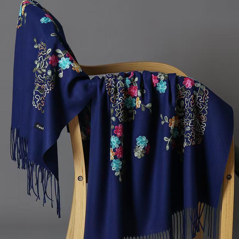300g Faux Cashmere Embroidered Plum Blossom Scarf, Women's Ethnic Travel Wrap - Warm New Year Holiday Shawl