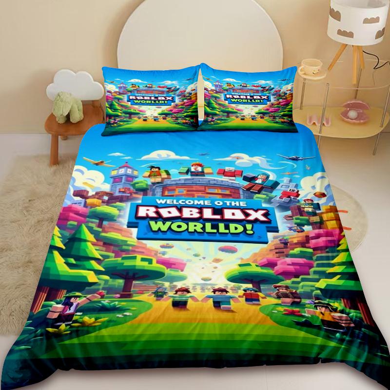 Cartone Animato Roblox Set Copripiumino 3 Pezzi Roblox Gioco Set Biancheria da Letto per Bambini Adolescenti Anime Delicato sulla Pelle Decorazione Camera da Letto