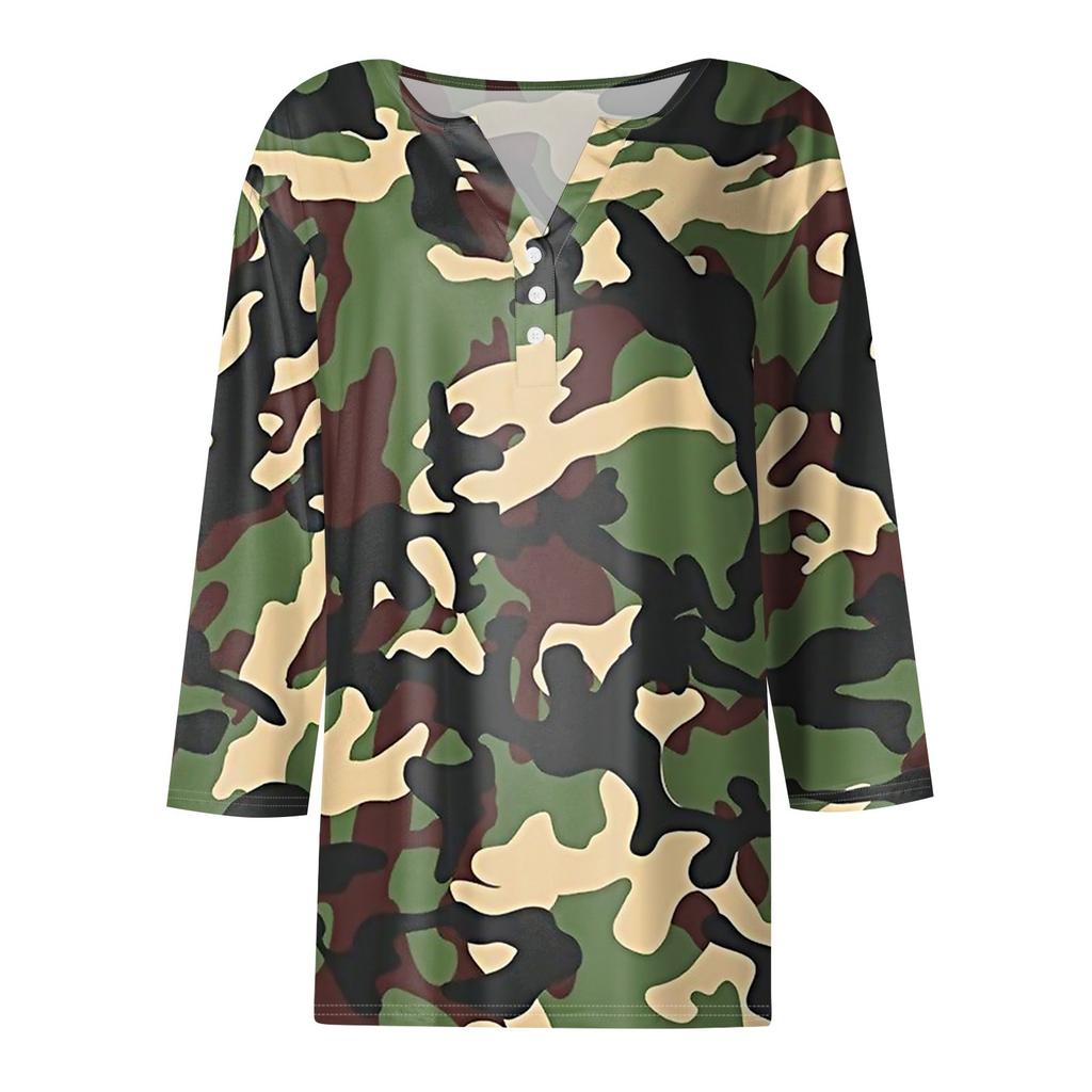 Mujer Camiseta Camiseta Estampado Botón Manga 3/4 Diario Fin de semana Moda Básico Escote en V Regular Top