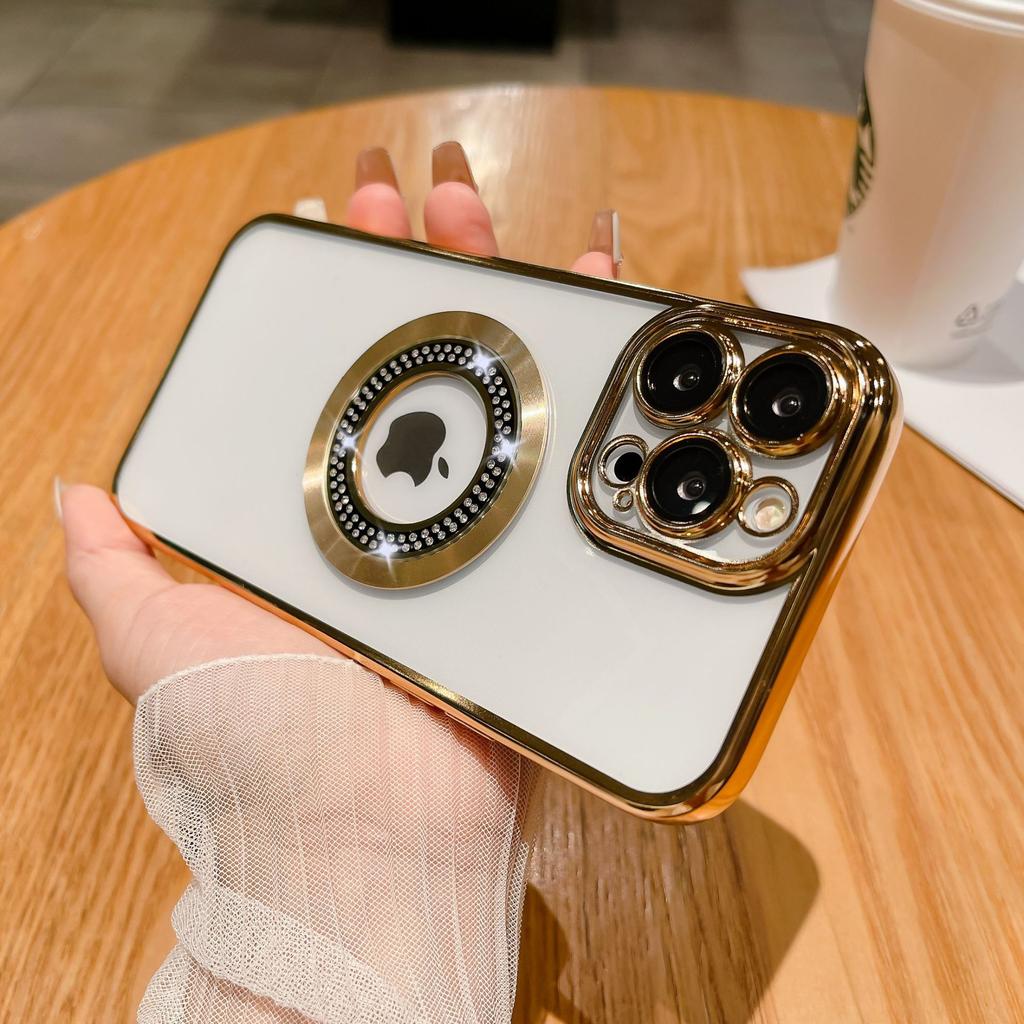 Applicable To IPhone17proMax Inlaid with Diamonds and Leakage Mark Magnetic Suction Phone Case Apple 16 Electroplated Anti Fall Protection Case 15
