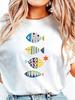Casual Style, Women'S T-Shirt, Colorful Fish Pattern, Soft Fabric, for Women, Summer Outings