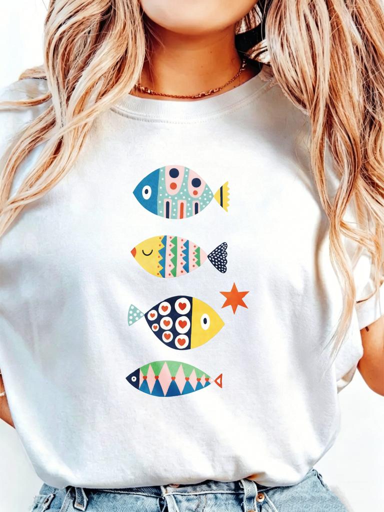 Casual Style, Women'S T-Shirt, Colorful Fish Pattern, Soft Fabric, for Women, Summer Outings