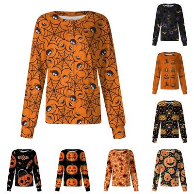 Damski wzór z długim rękawem, kieszonkowy, roboczy nadruk na Halloween, stójka, jednorzędowy kombinezon ochronny, kurtka typu cardigan Top
